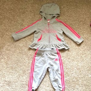 3/$30 Like New Adidas 12 Months Baby Ruffle Pink Stripe Track Jogging Suit Set